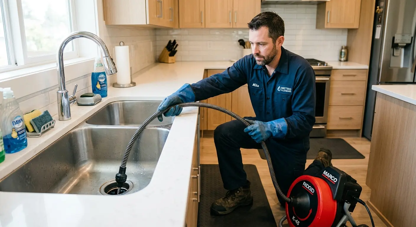 Drain cleaning technician using a motorized snake on a kitchen sink in Sullivan