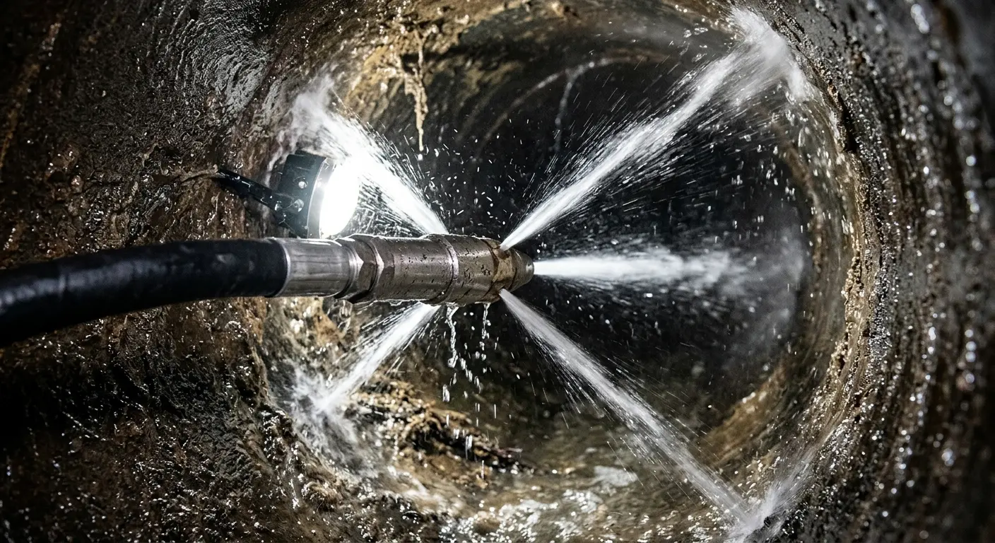 High-pressure hydro jetting nozzle cleaning sewer pipe for Trenchless Sewer Repair in Sullivan