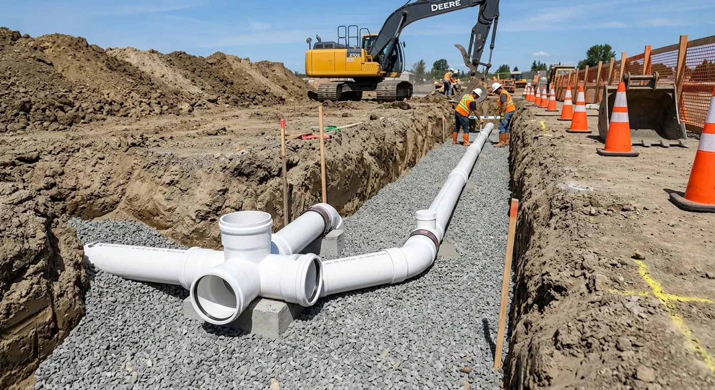 New PVC sewer pipe installation in open trench for Commercial Drain Cleaning in Sullivan